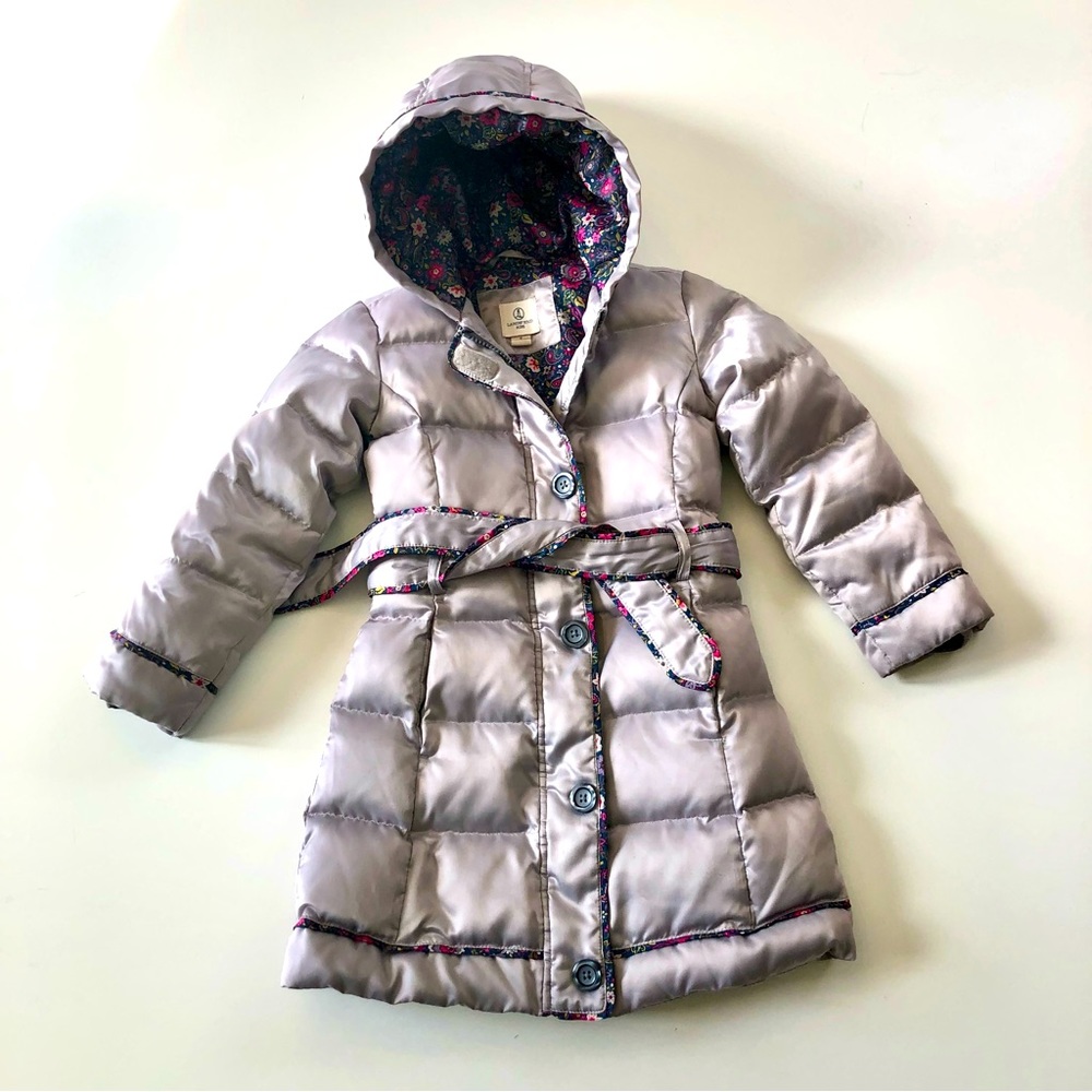 Lands End Kids Girls Puffer Silver Gray Floral Jacket Coat Size Small (4)